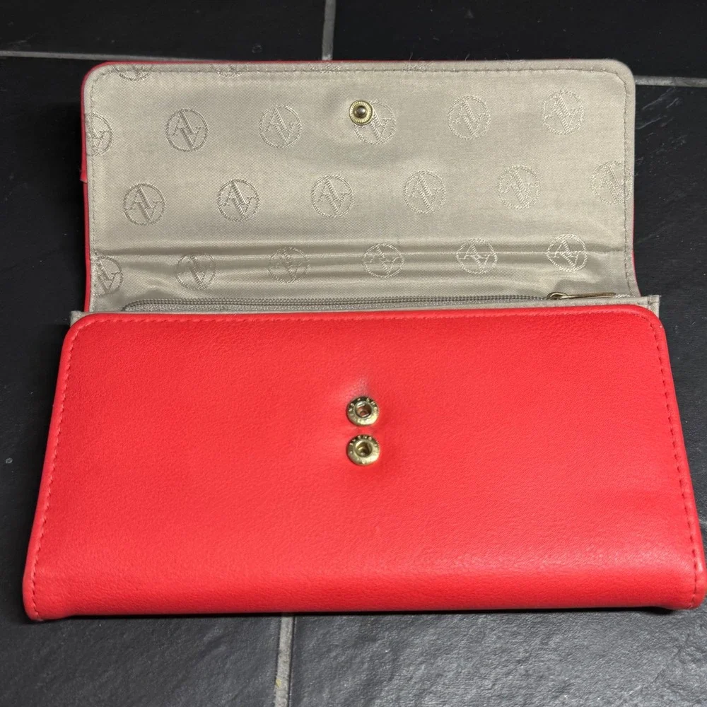 Adrienne Vittadini Red Faux Leather Continental Wallet Gold Logo Snap Closure